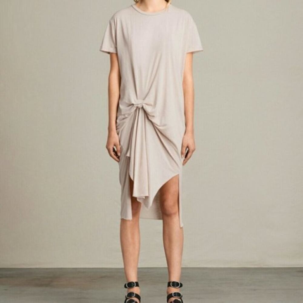AllSaints T-Rivi Ida Crewneck Short Sleeve Asymmetric Midi T-Shirt Dress Cream S